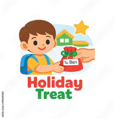 kid receiving small gift bag at daycare with simple and name tag childrens holiday treat clean shapes. colored flat icon vector illustration