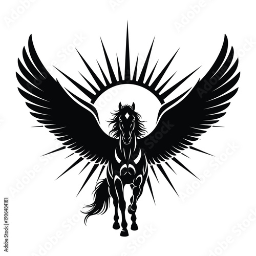 Mythical Pegasus Style Horse With Large Radiant Sun Wings Illustration