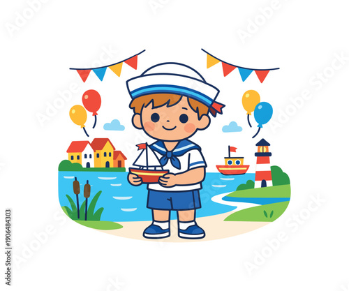 child sailor style outfit holding tiny boat at riverside town holiday for kids clean shapes. colored flat icon vector illustration