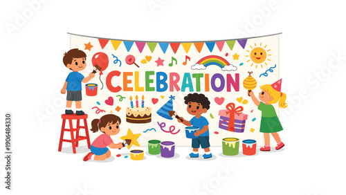 kids painting big shared banner with word celebration and doodles group holiday prep clean shapes. colored flat icon vector illustration