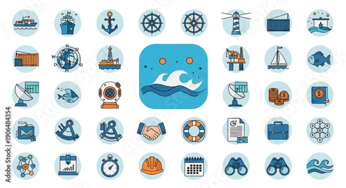 Collection of nautical and maritime themed icons and symbols.