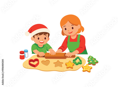 kid helping adult roll dough with cookie cutters heart tree shapes before holiday clean shapes. colored flat icon vector illustration