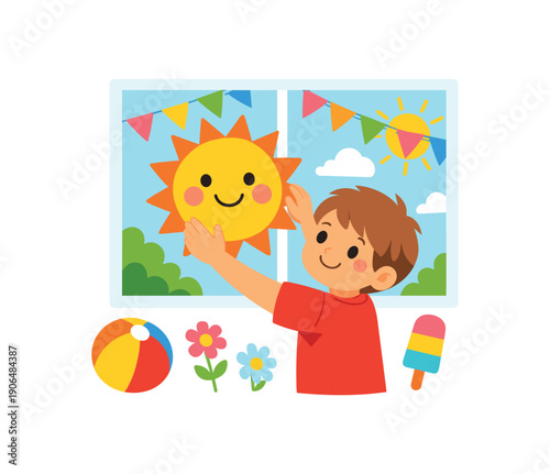 kid placing handmade paper sun window during summer childrens festival clean shapes. colored flat icon vector illustration