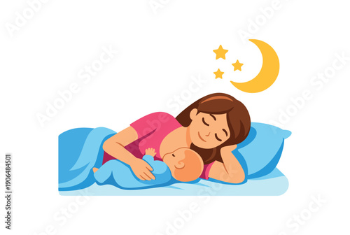 mother side lying position on bed nursing baby moon icon night breastfeeding clean shapes. colored flat icon vector illustration