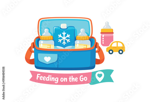 cooler bag with ice pack and bottles of breast milk on way icon feeding on the go clean shapes. colored flat icon vector illustration
