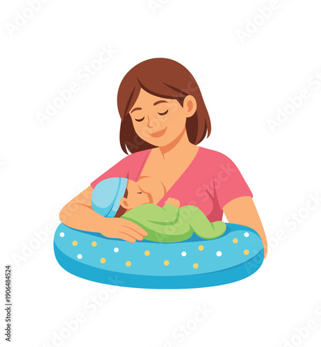 woman using rugby hold breastfeeding pillow around waist baby under breastfeeding pose clean shapes. colored flat icon vector illustration