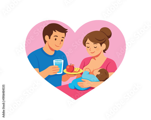 partner offering glass of water and snack to nursing mom heart icon breastfeeding support at home clean shapes. colored flat icon vector illustration
