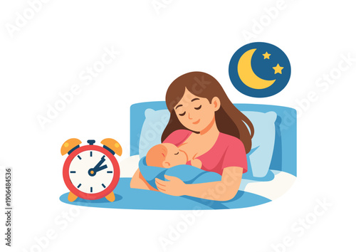mother reclining bed breastfeeding newborn with alarm clock and moon night feed clean shapes. colored flat icon vector illustration