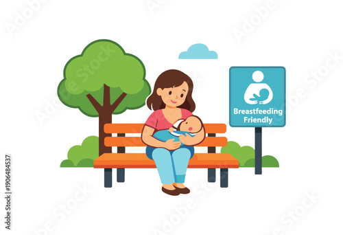 mom breastfeeding public park on bench tree and subtle breastfeeding friendly sign clean shapes. colored flat icon vector illustration