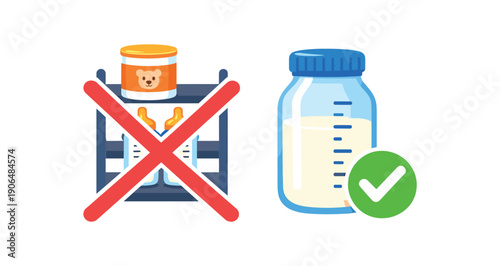 shelf with bottles of formula crossed and large breast milk bottle highlighted exclusive breastfeeding symbol clean shapes. colored flat icon vector illustration