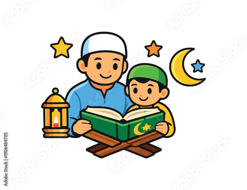 parent and child reading holy book together lamp and family faith time clean shapes. colored flat icon vector illustration