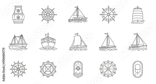 Collection of nautical icons and symbols in sketch style.