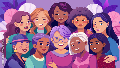 A diverse group of smiling women and girls gathered together happily.