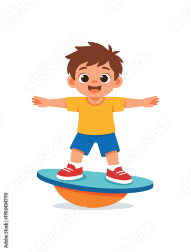 child balancing on wobble board arms stretched balance training for kids clean shapes. colored flat icon vector illustration