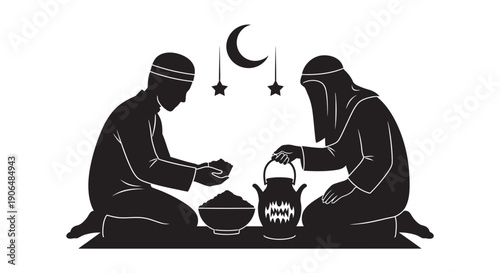 Muslim couple breaking fast together during Ramadan with lantern and crescent moon