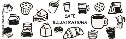 Hand-drawn illustration of a coffee shop, featuring coffee cups, croissants, cakes, donuts, and various pastries.