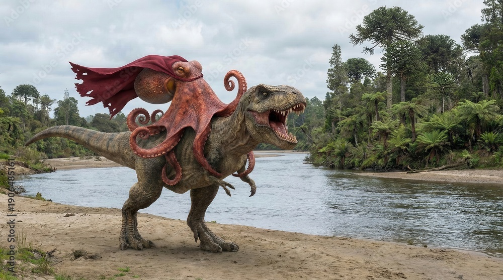Naklejka premium Dinosaur wearing octopus cloak strides along riverbank under cloudy sky
