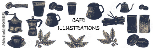 A set of vintage-style coffee shop illustrations and coffee brewing equipment. Vector illustrations in a carved style depict a coffee grinder, moka pot, coffee beans, and coffee leaves.