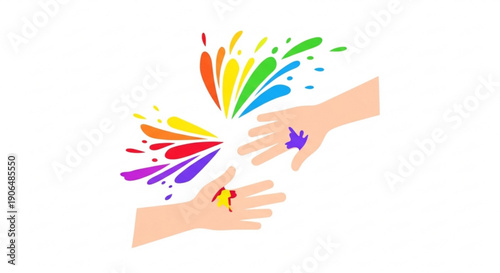 Creative hands exchanging colorful paint splatters symbolizing art and collaboration on white background
