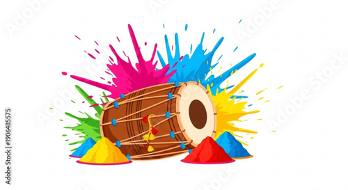 Vibrant dholak drum surrounded by colorful paint splatters and cones on white background