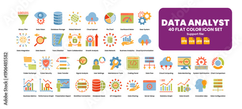 Data analyst icon set. 40 flat color icons for data visualization and analysis.