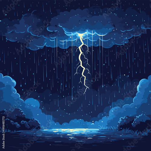 rain and storm with lightning thunder, Black sky weather, Natural disaster, vector design. , vector style simple color