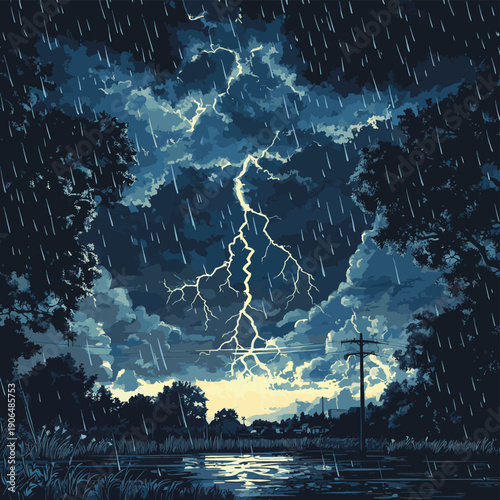 rain and storm with lightning thunder, Black sky weather, Natural disaster, vector design. , vector style simple color