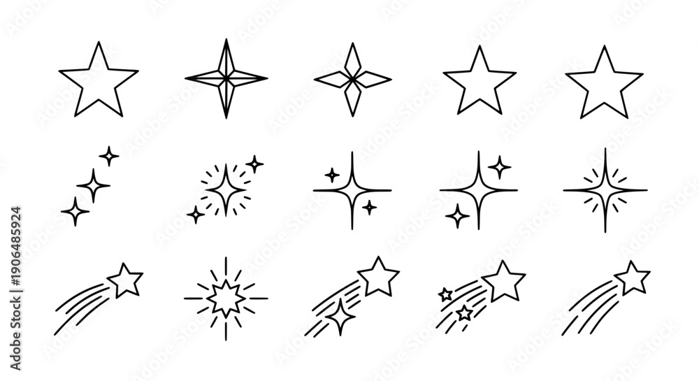 Fototapeta premium Outline star icon set black vector line art sparkle rating symbols