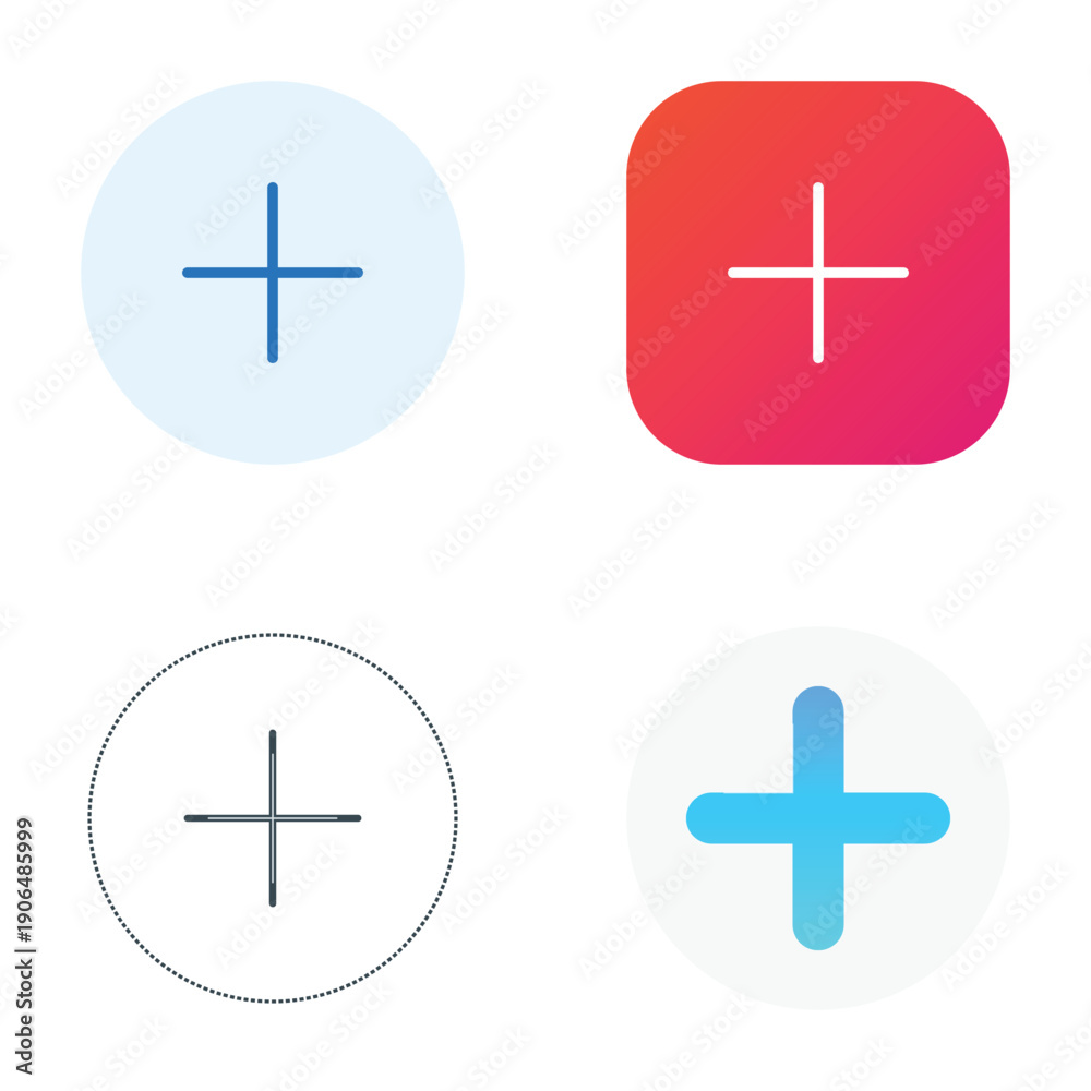 Fototapeta premium Collection of add plus sign icons in various styles including flat gradient and line art for user interface and mobile application design projects