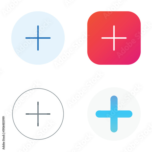 Collection of add plus sign icons in various styles including flat gradient and line art for user interface and mobile application design projects