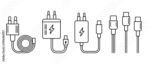 Collection of mobile phone chargers and cables icons vector illustration featuring various charging connectors, power adapters, and cable types for technology, electronics, and communication device gr