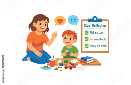 parent kneeling by messy table with checklist icon together clean up routine instead of yelling clean shapes. colored flat icon vector illustration