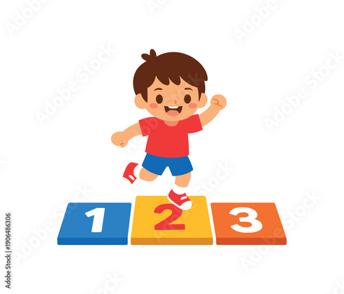 child jumping on floor tiles labeled one two three number hop game clean shapes. colored flat icon vector illustration