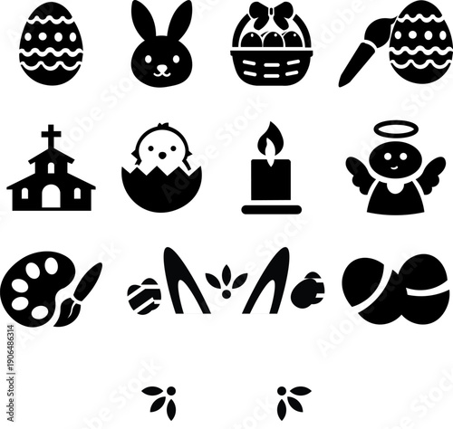 Easter Holiday Black and White Icon Set Collection