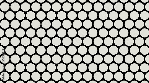 High contrast geometric background texture composed of a tightly packed array of light grey circles against a solid black backdrop, representing a modern perforated screen or bubble surface.