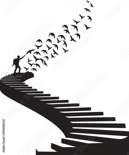 Man releasing birds from staircase in silhouette illustration style