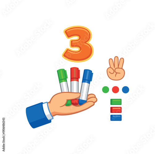 teacher hand showing three markers while number three icon floats above visual counting help clean shapes. colored flat icon vector illustration