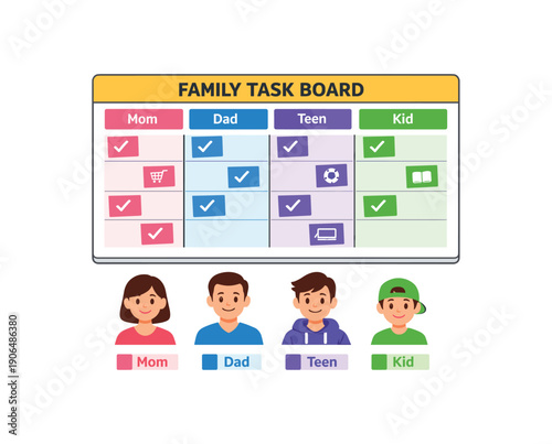 family task board with color code legend each color for mom dad teen kid easy quick view clean shapes. colored flat icon vector illustration