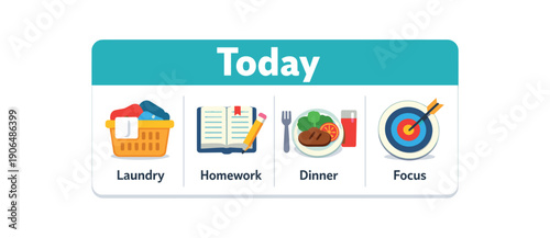 family task board titled today with only few big tasks laundry homework dinner focus minimal clean shapes. colored flat icon vector illustration