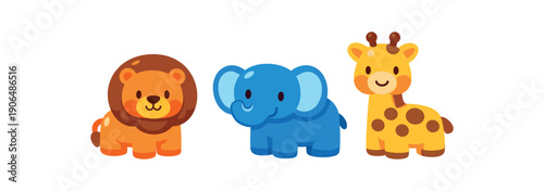 chunky animal figures lion elephant giraffe toddler safe toy set clean shapes. colored flat icon vector illustration