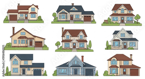 Collection of nine different suburban residential houses.