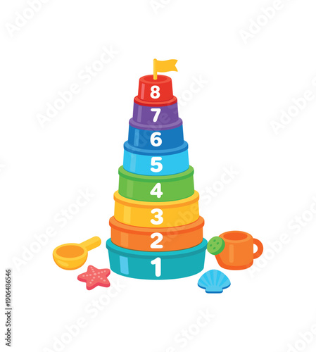 stacking cups tower with numbers on sides bath and sand play toy clean shapes. colored flat icon vector illustration