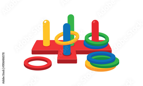 ring toss set with pegs and colored rings classic coordination toy clean shapes. colored flat icon vector illustration
