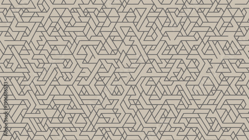 Complex abstract geometric seamless pattern with interlocking lines and triangles, suggesting futuristic technology, digital network, or complex maze structure in muted tones.
