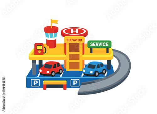 toy garage with ramp and two small cars parking play set clean shapes. colored flat icon vector illustration