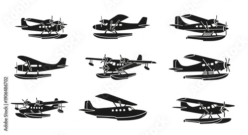 Collection of nine vintage seaplane illustrations on a white background.