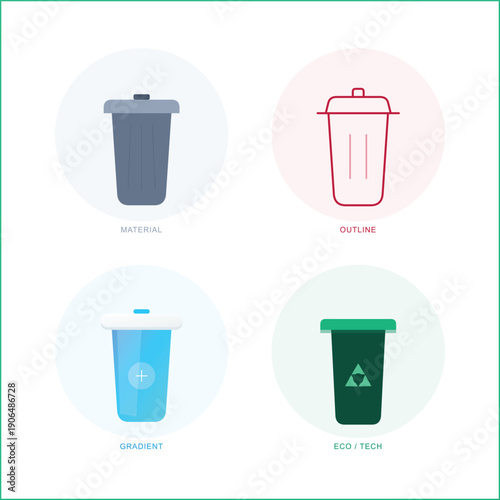 Various trash bin icon designs including material style outline gradient and eco tech versions for waste management and digital file deletion interfaces