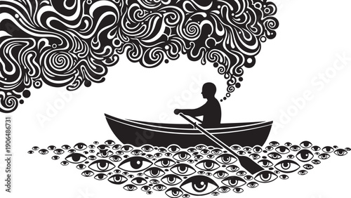 Man in a boat with swirling patterns around him