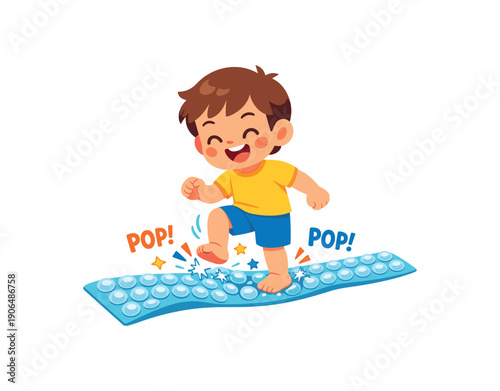 child stomping on bubble wrap path feet popping bubbles tactile and auditory sensory fun clean shapes. colored flat icon vector illustration