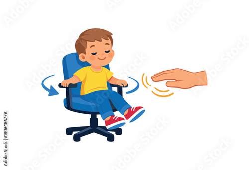 child spinning slowly on swivel chair with adult hand icon for control gentle vestibular input clean shapes. colored flat icon vector illustration